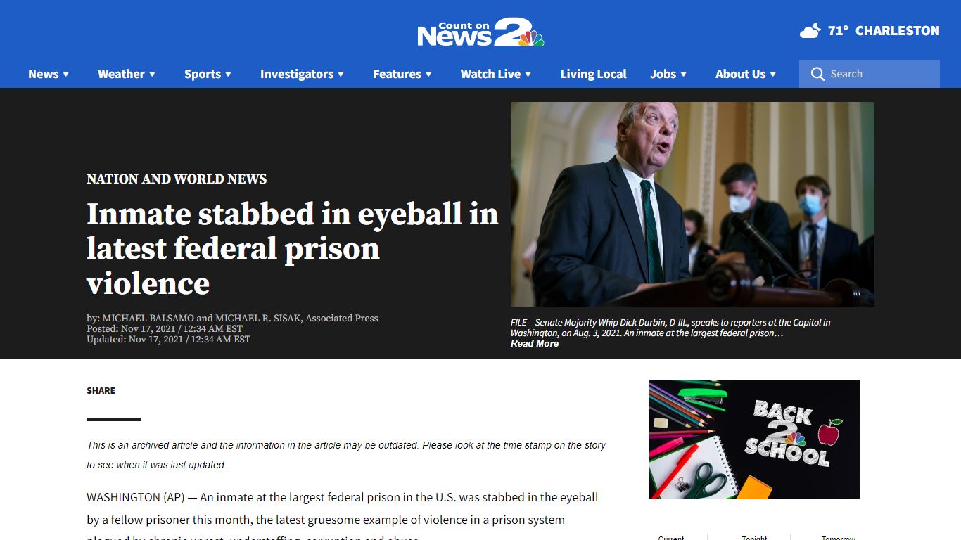 Inmate stabbed in eyeball in latest federal prison ...